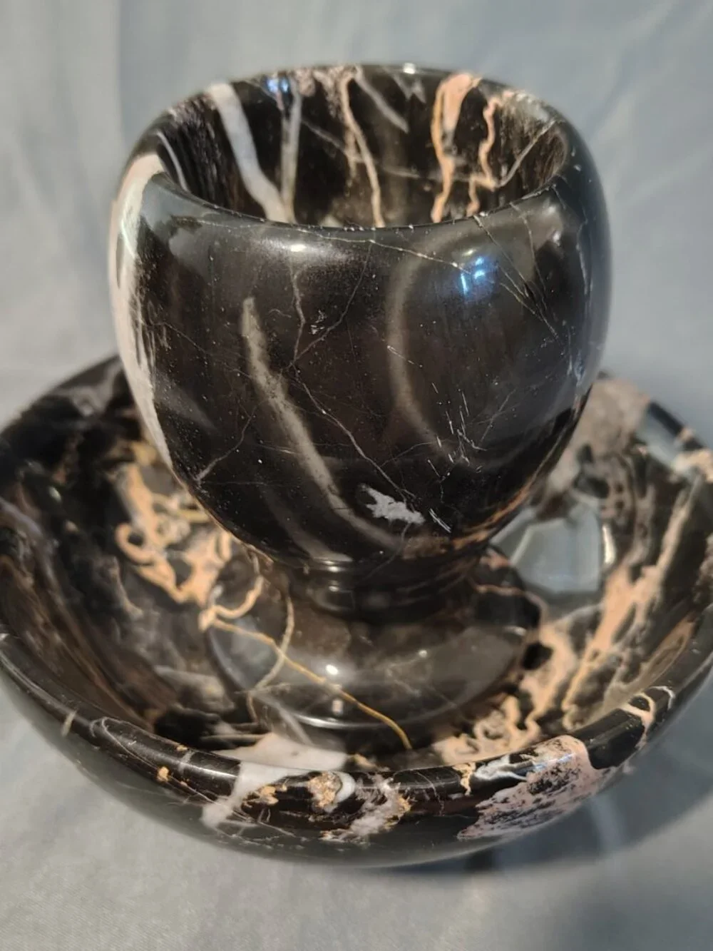 Vintage Italian Portoro Marble Bowl and Goblet Set